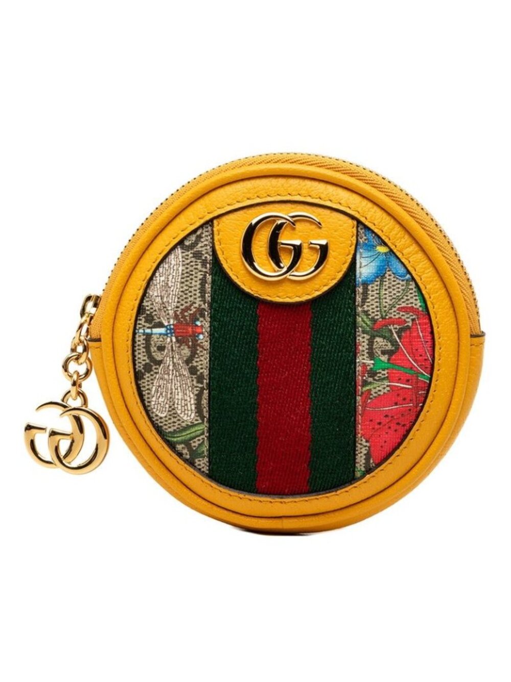 Gucci Ophidia GG Supreme Flora Round Coin Purse Key Case Beige Yellow Leather